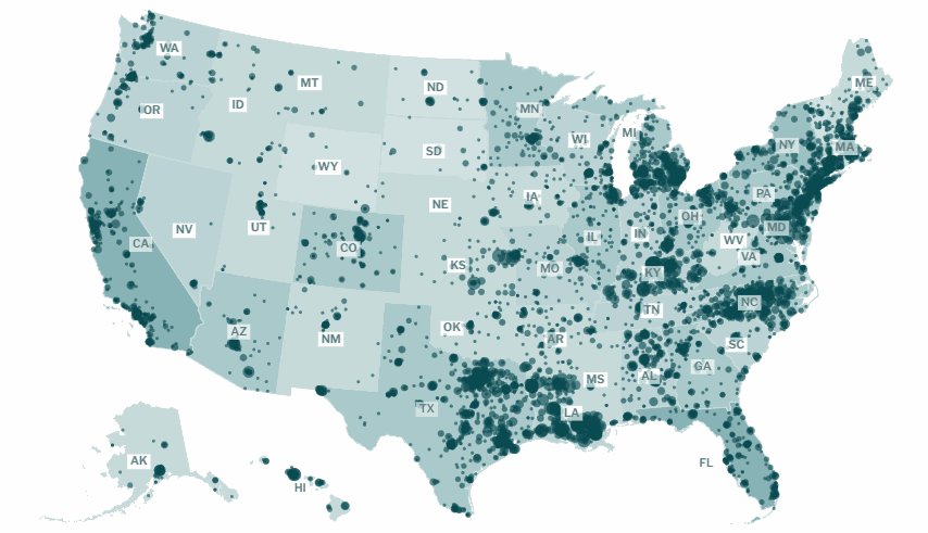 Map view of the United States with every state outlined and shaded teal, and dark teal dots of varying size marking organizations. The dots cluster most densely along the East Coast, the Great Lakes, Texas, Louisiana and California.